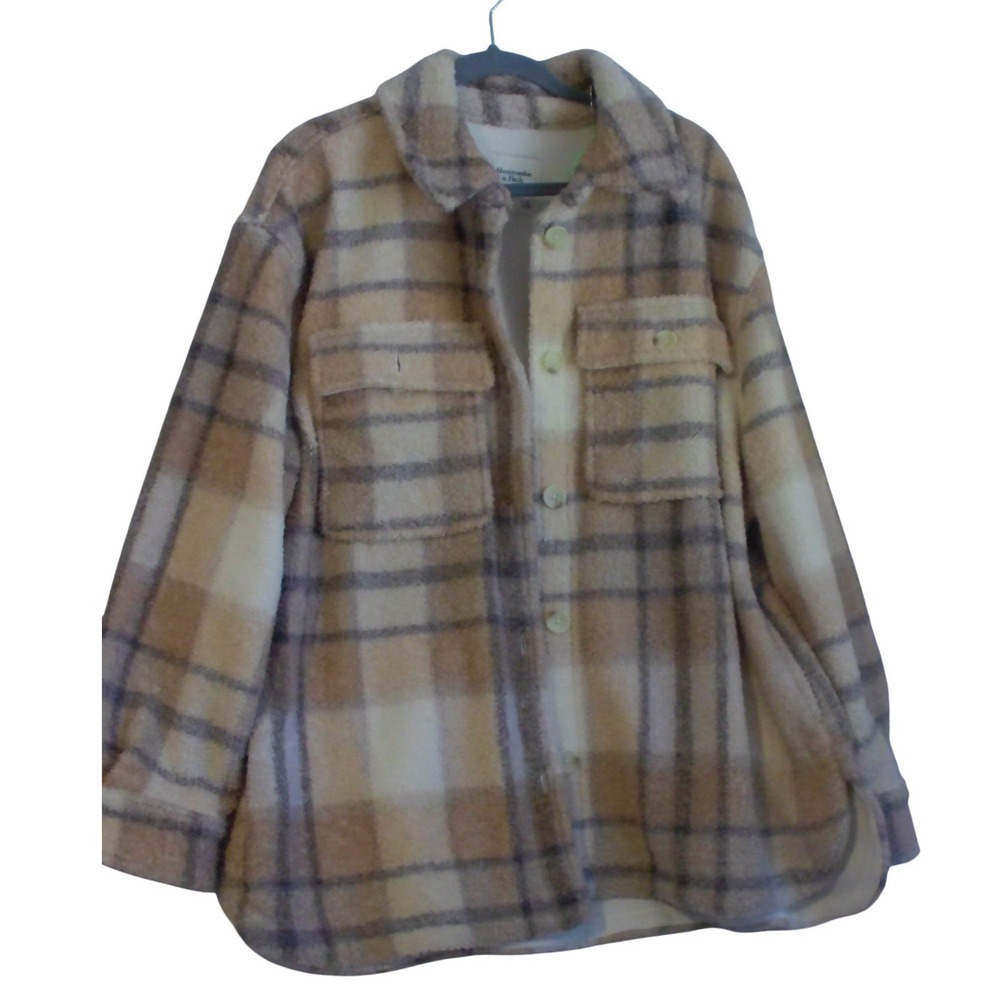 Abercrombie & Fitch‎ Plaid Sherpa Shacket Tan Cream Borg Shirt Jacket XL Mens